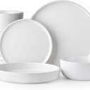 AmorArc Stoneware Dinnerware Sets with Pasta Bowl Set, Reactive Ceramic Plates and Bowls Set, Highly Chip and Crack Resistant | Dishwasher & Microwave Safe | Round Dishes Set Service for 4 (16pc) (Stoneware Matte White)