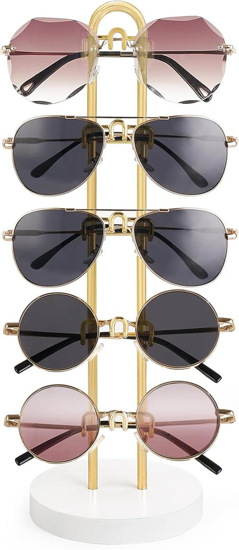 Mkono Sunglasses Organizer Glasses Holder Stand Sunglass Storage Eyeglasses Rack Metal Frame with Wood Base for 5 Pairs of Eyewear Display for Table Desk Countertop Dresser Bedroom, Set of 1, Gold