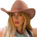 AQOKKA Western Cowboy Hats for Women Classic Felt Wide Brim Fedora Hat with Belt Buckle Retro Panama Hat Unisex Rolled up Cap