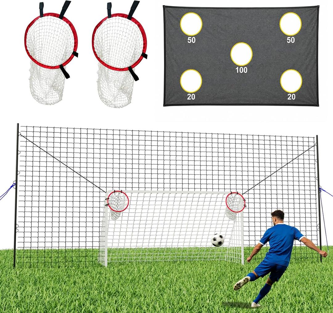 29 x 10 FT 3-in-1 Soccer Goal with Rebounder & Backstop Net, Large Backyard Soccer Practice System with Scoring Target Sheet & Target Pocket Net for Shooting, Passing, Ball Control
