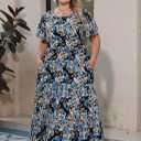 Nemidor Plus Size Maxi Dresses for Curvy Women Summer Casual Boho Ditsy Floral Print Layered Flared Long Dress with Pocket, 16