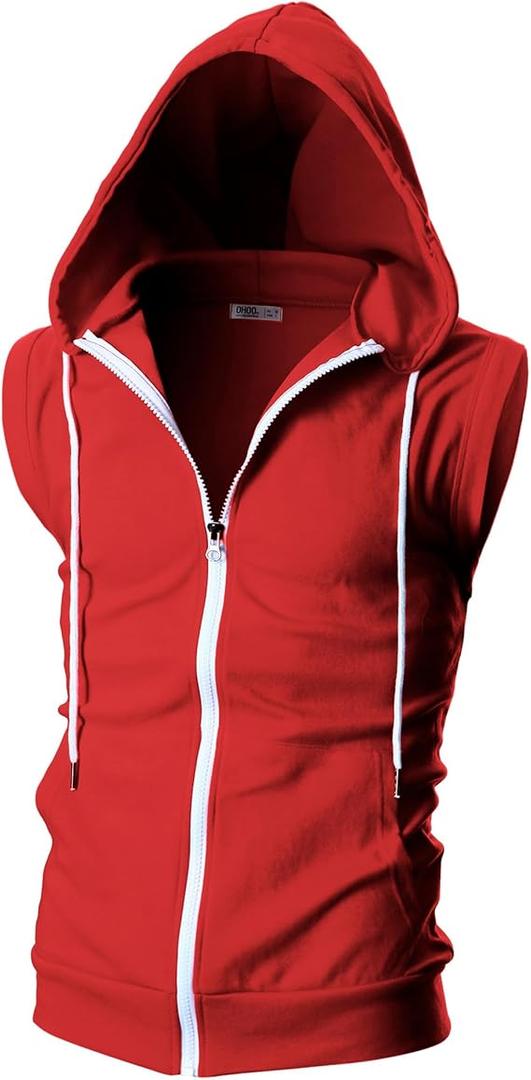 Ohoo Mens Slim Fit Sleeveless Lightweight Zip Up Hooded Sweatshirt Vest Hoodie (S)
