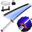 RENGENG Light Up Sword, 40 Inches Rechargeable Plastic Anime Replica with Belt & Stand, Original Texture Anime Sword (Giyu)