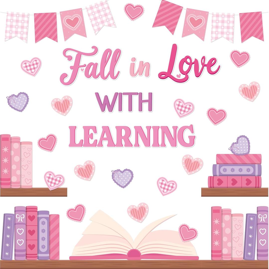 TICIAGA Valentines Book Learning Bulletin Board - 62Pcs Valentines Day Bookshelf Fall in Love with Learning Pink Heart Cutout Border Book Flag Banner for February School Library Classroom Wall Decor