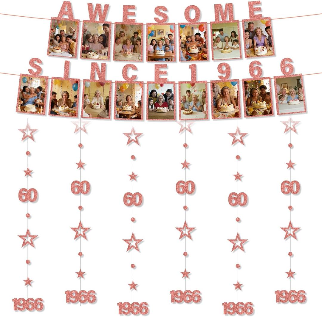 Awesome Since 1966 Photo Banner - 8 Pcs 60 Birthday Party Decorations Rose Gold Number 60 Circle Dot Twinkle Star Hanging Streamer Party Supplies for Women Happy 60 Year Old Bday Backdrop Decoration
