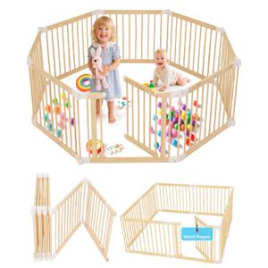 Foldable Wooden Baby Playpen Large Play Yard for Babies, 2-in-1 New Mom Helper Portable Fence, 25" Tall Custom Wood Gate with Adjustable Size & Shape for Infants 3-18 Months -63x63x25 inch