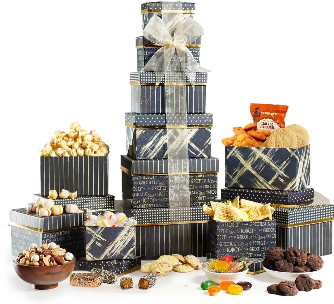 Broadway Basketeers Gourmet Food Gift Basket 6 Box Tower for Birthdays Curated Snack Box, Sweet and Savory Treats for Parties, Best Wishes, Birthday Presents for Women, Men, Mom, Dad, Her, Him