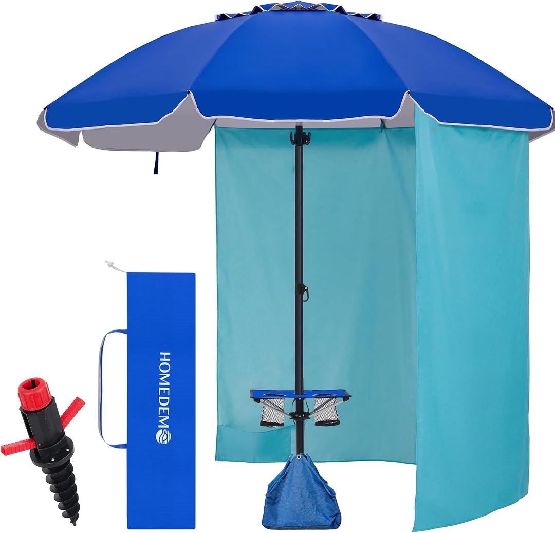 HOMEDEMO 8FT Large Beach Umbrella with Weight Bag & Sand Anchor, Outdoor Umbrellas with Adjustable Aluminum Pole and Table, Heavy Duty Windproof & UPF 50+