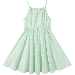 Girls Summer Hawaiian Dress Floral Halter Neck Cold Shoulder Sleeveless Beach Sundress 1-12 Years (Blue)