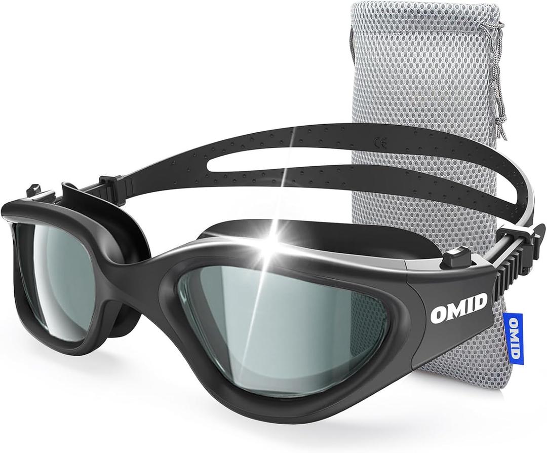 OMID Swim Goggles, P2 Polarized Swimming Goggles for Men Anti-fog Goggles Swimming for Adult Women (A1-allblack Frame Smoke Lens)