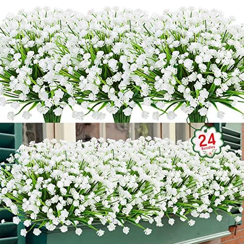 Ouddy Decor 24 Bundles Artificial Flowers for Outdoors UV Resistant Fake Plastic Plants Faux Greenery Stems for Spring Summer Indoor Garden Patio Window Box Kitchen Home Decor, White