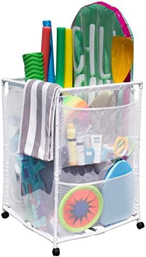 Pool Bins Rolling Pool Storage Organizer Bin, Medium, (25.4" W x 25.4" L x 40" H), White
