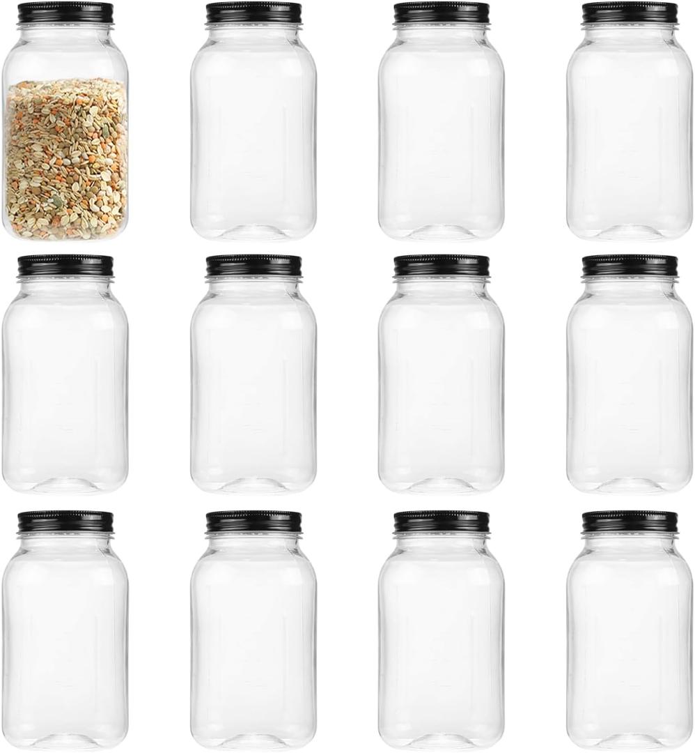 Omnisafe 32 Ounce Clear Plastic Mason Jars With Screw On Lid, Reusable Empty Jars for Food Storage, Round BPA Free Containers for Sealing, Dry Food, Snacks, Candies, Breakage-proof, (Black - 12 Pack)