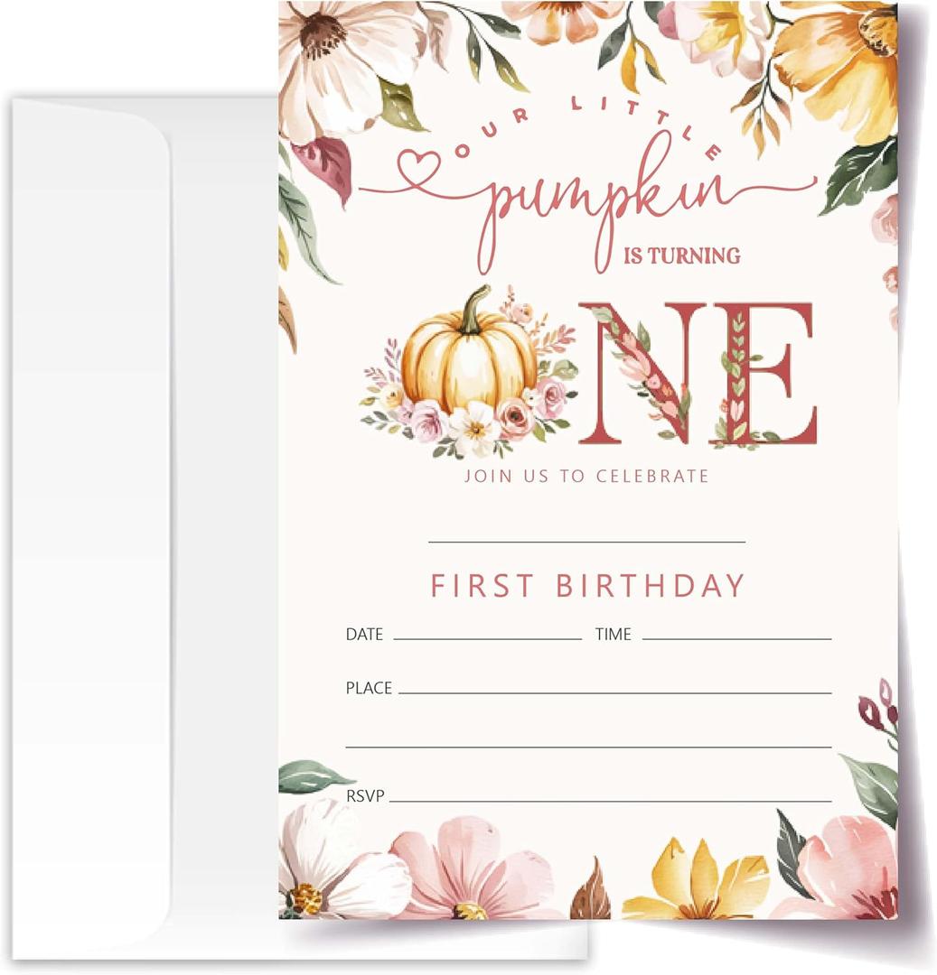 Our Little Pumpkin Is Turning One - First Birthday Invitation Cards with Envelopes Pack of 20 (4"x6") - Pumpkin Floral Autumn Themed 1st Birthday Party Invitations.(158)