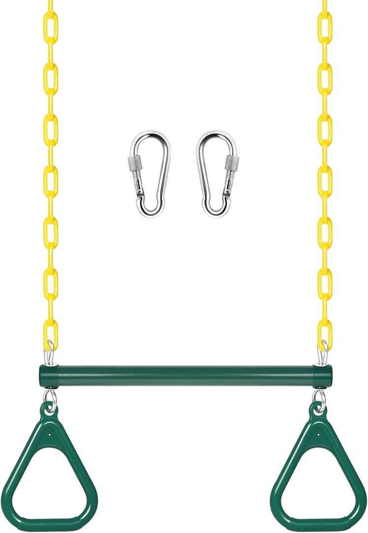 LadyRosian Gym Rings Trapeze Swing Bar 16", Heavy Duty 47" Chain Swing Set Accessories with Locking Carabiners, Monkey Bars for Backyard, Playground, Playroom (Green)