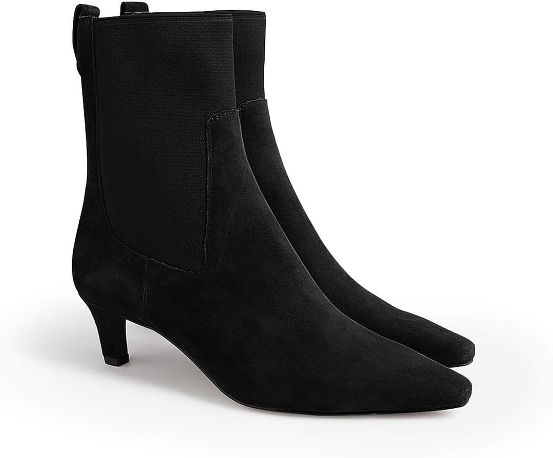 Coutgo Womens Ankle Boots Low Kitten Heel Pointed Toe Slip On Elastic Dressy Fall Winter Booties Shoes (8, Black)