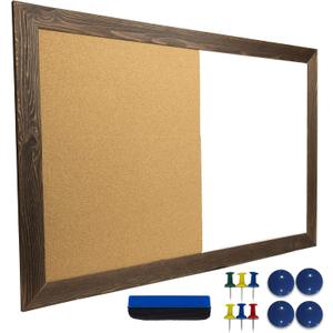 Excello Global Products Dry Erase Cork Board Combo: Magnetic White Board with Cork Bulletin & Rustic Wooden Frame for Home, School, Office - 24"x36"