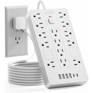 JouleLoom Surge Protector Power Strip-14 Outlets and 6 USB Ports, 6 Feet Flat Plug Extension Cord, 1850 Joules, White, ETL Listed for Home, Office, Dorm Room