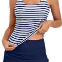 B2prity Tankini Swimsuit for Women Slimming Tummy Control Two Piece Bathing Suit Drawstring Swimwear Tank Top with Skirt (Small, Stripe, Dark Blue)