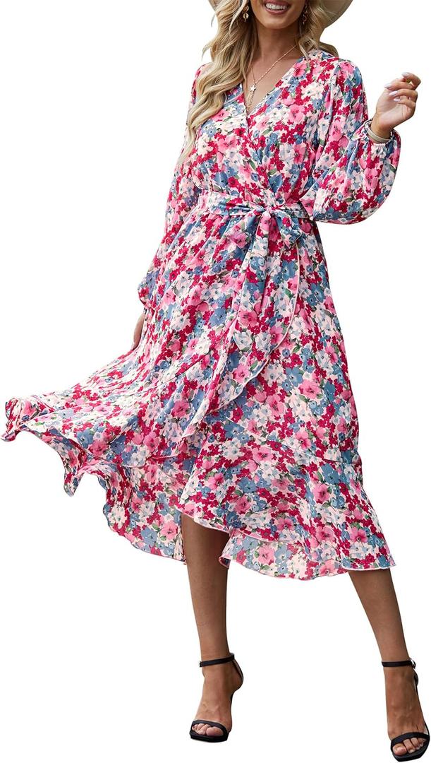 PRETTYGARDEN Women's Floral Print Boho Dress Long Sleeve Wrap V Neck Ruffle Belted A-Line Flowy Maxi Dresses (Large, Floral Pink)