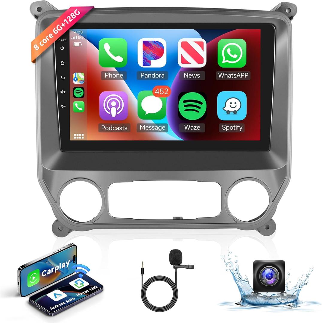 8 Core 6+128G Android Car Radio Stereo for Chevy Silverado/GMC Sierra 2014-2018 Wireless Carplay Android Auto, 10.1'' Touch Screen Head Unit Mirror Link WIFI GPS Bluetooth FM/RDS DSP Backup Camera SWC