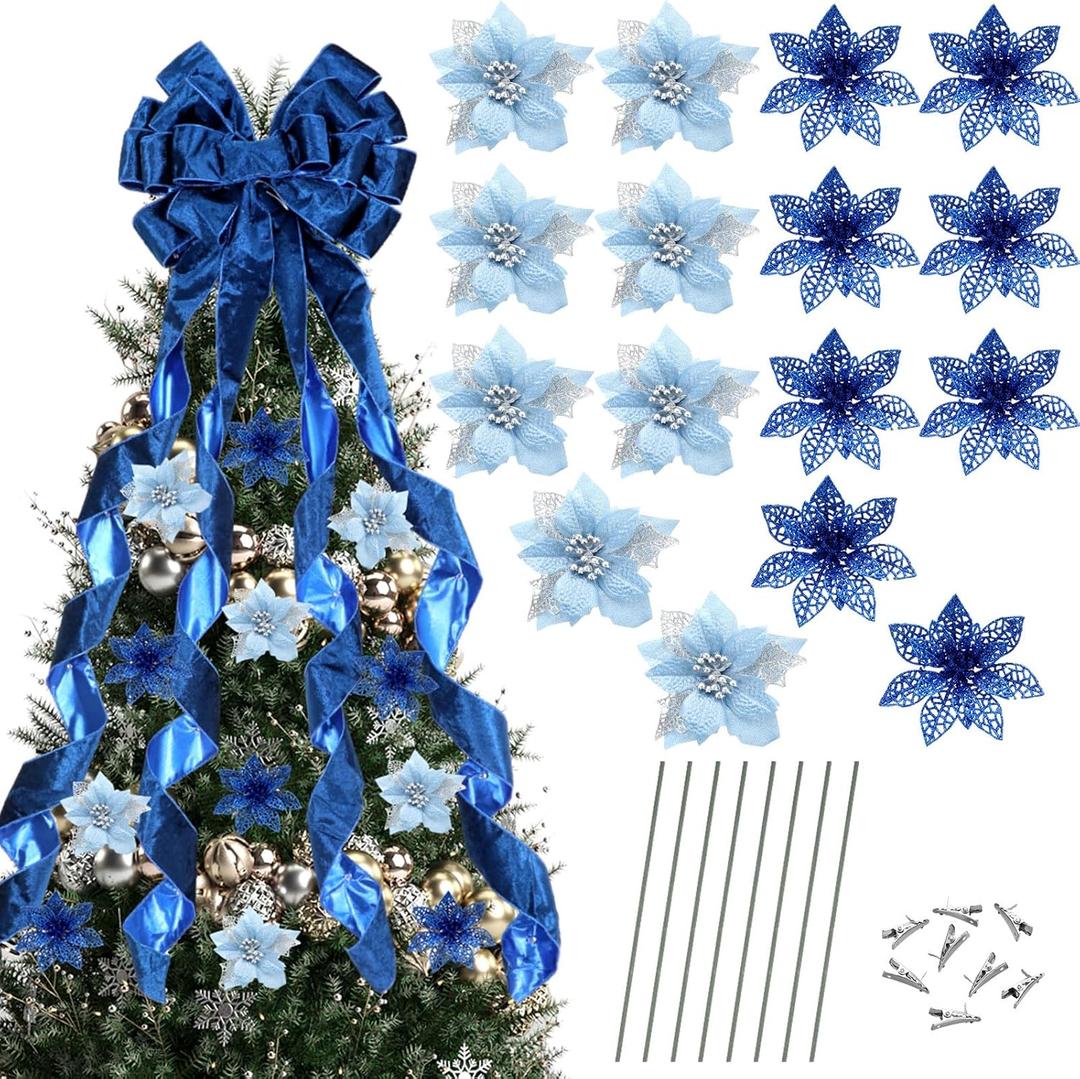 Dingion 48" x 13" Big Christmas Tree Topper Large Velvet Bow with Long Streamers Christmas Tree Ornaments with 8 Pcs 5.5 Inch Artificial Poinsettia Flowers Decorations for Xmas Decor(Royal Blue)