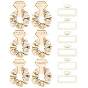 Bridesmaid Proposal Gifts, 12 PCS Bridesmaids Silk Hair Scrunchies & Pearl Hair Clips Set for Women Bachelorette Party Favors Bridal Shower Favors Bridesmaids Gifts for Wedding Day (Champagne Gold)