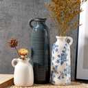 Ceramic Vase Set of 3 with Handles, Blue White Neutral Rustic Modern Farmhouse Boho Decor, Versatile as Table Centerpiece or Mantel & Shelf Accent - Unique Home Gift Idea
