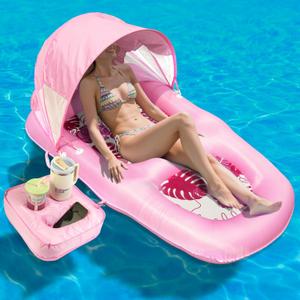 Fabric Covered Inflatable Pool Lounger Float Adult, 70"x39" Extra Large Pool Float w/ UPF50+ Sunshade Canopy & Cupholder Caddy, Water Floaties Raft Recliner Chair for Pool Party Lake Beach (Pink)