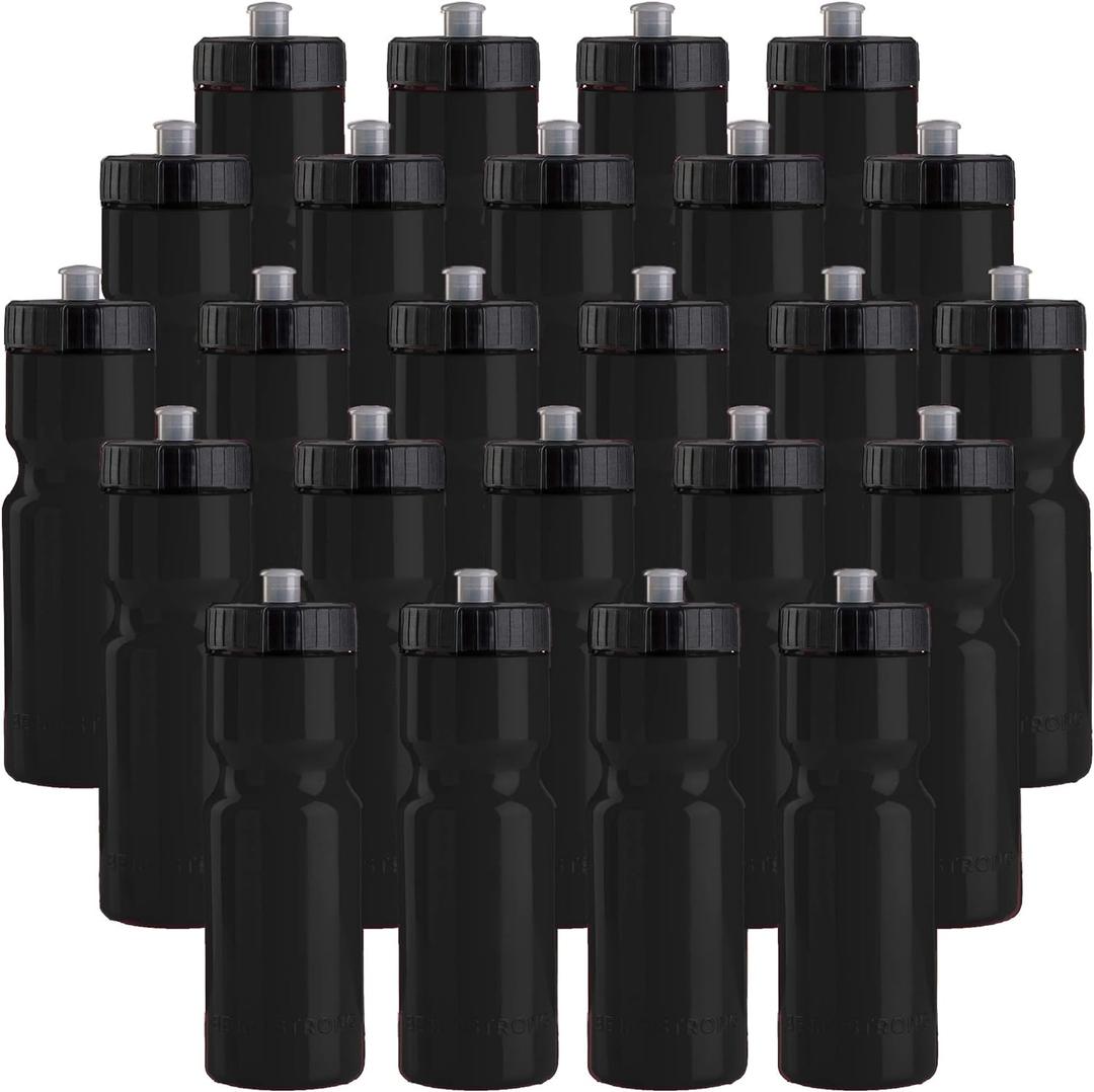 50 Strong Bulk Water Bottles | 24 Pack Sports Bottle | 22 oz. BPA-Free Easy Open with Pull Top Cap | Made in USA | Reusable Plastic Water Bottles for Adults & Kids | Top Rack Dishwasher Safe (Black)