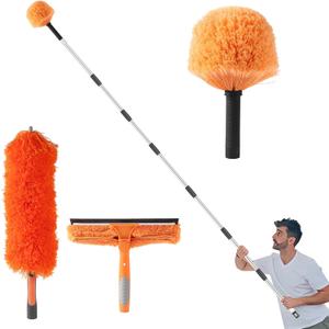 Cobweb Duster with Extension Pole,9 FT Long 3-in-1 Cleaning Tool Set with Window Squeegee, Ceiling Fan Duster, Cobweb Brush for High Ceilings, Windows & Outdoor Use