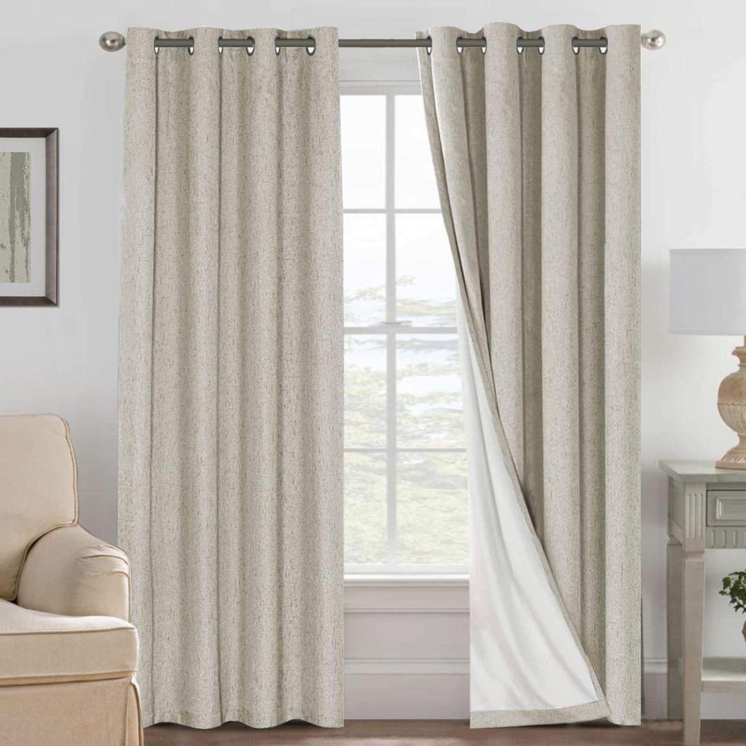100% Blackout Curtains for Bedroom Thermal Insulated Linen Textured Curtains Heat and Full Light Blocking Drapes Living Room Curtains 2 Panel Sets, Cobblestone