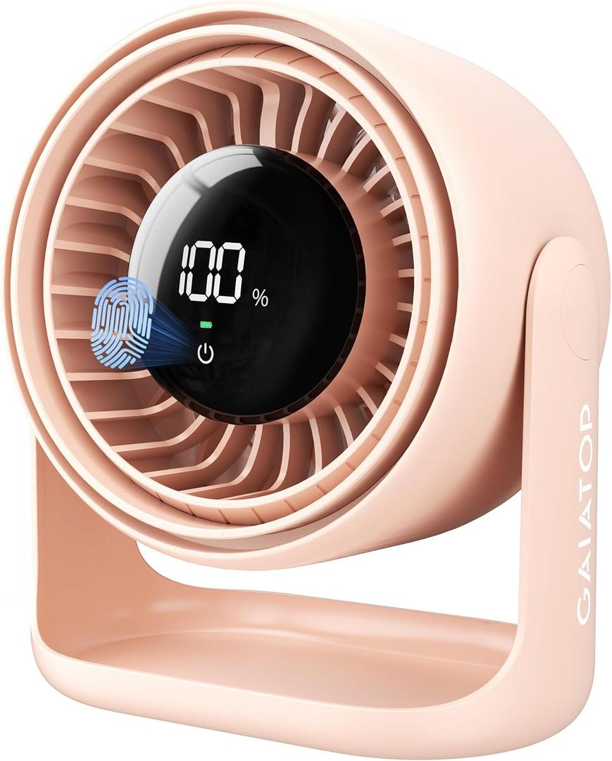 Gaiatop Desk Fan with Touch Control, 4000mAh Battery, 5 Speeds Ultra Quiet Bedroom Fan with LED Display, 90 Tilt, 7.7 Inch USB-C Rechargeable Desktop Fan for Dorm Office Room Home Office, Pink