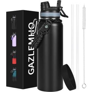 GAZLEMHO 40 oz Insulated Water Bottle with Straw& Spout 2-in-1 Lid, Triple Wall Vacuum Stainless Steel Cold 48H, Leak Proof Sports Metal Flask Jug with Paracord Handle, Black