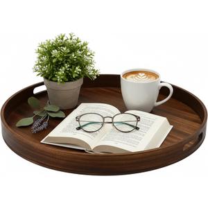 FramePro Large Round Wooden Coffee Table Trays 20" - Multi-Functional Home Decor Ottoman Serving Platter Carbonized Brown