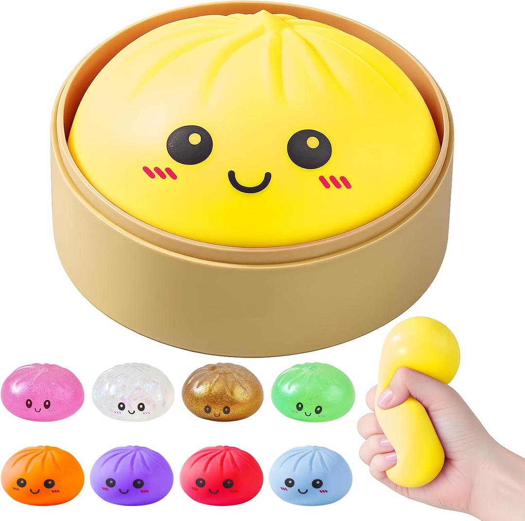 Dumpling Squishies, Glitter Dumpling Mystery Box, Colorful Dumplings Stress Balls Fidget Sensory Toy, Stocking Stuffers with Food Steamer Stretchy Desk Toys (Yellow)