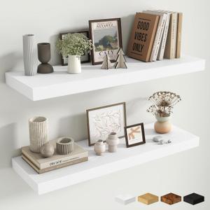 Fun Memories Floating Shelves for Wall, 32 Inch Long Floating Shelves Set of 2, 32 x 10 Wooden Shelves for Wall, Large Storage Shelves, Hanging Shelves for Bathroom Kitchen Bedroom, White, 32W x 10D x 1.5H