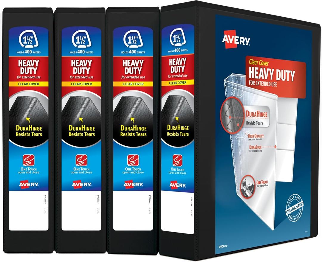 Avery Heavy Duty View 3 Ring Binder, 1.5"One Touch Slant Ring, Holds 8.5" x 11" Paper, 3 Black Binders (79870) 