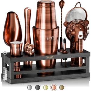 BARE BARREL Mixology Bartender Kit Bar Set | 16-Piece Cocktail Shaker Set | Martini Barware Mixing Tools for Home Bartending | Incl. 35 Recipe Cards | Gift Set (28oz Boston Shaker, Copper/Black)