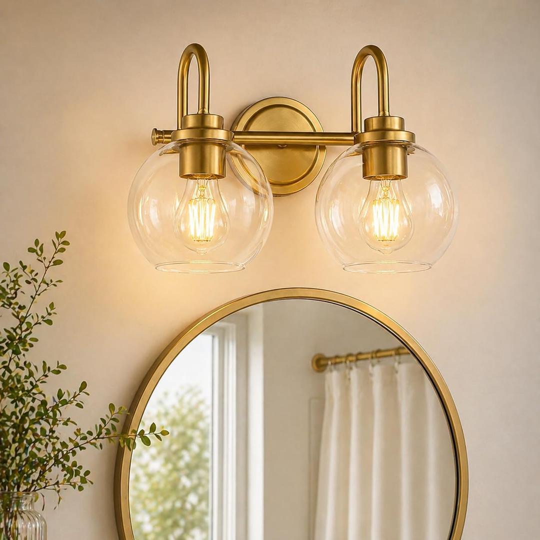 Gold Vanity Light – 2 Light Bathroom Fixture with Clear Glass Shades, Modern Wall Sconce for Mirror, Vanity Lighting for Bathroom Bedroom Hallway Living Room