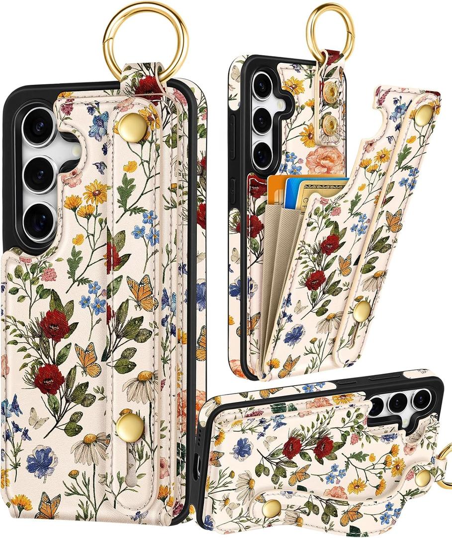 Petitian for Samsung Galaxy S25/S24 Case with Wallet - Women Girls Cute Girly Aesthetic Unique Design with Leather Credit Card Holder Cardholder Stand Wristband, Vin Flower