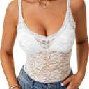 Rooscier Women's Lace Camisole Tops Deep V Neck Sheer Cami Tank Top Without Bra (White) L