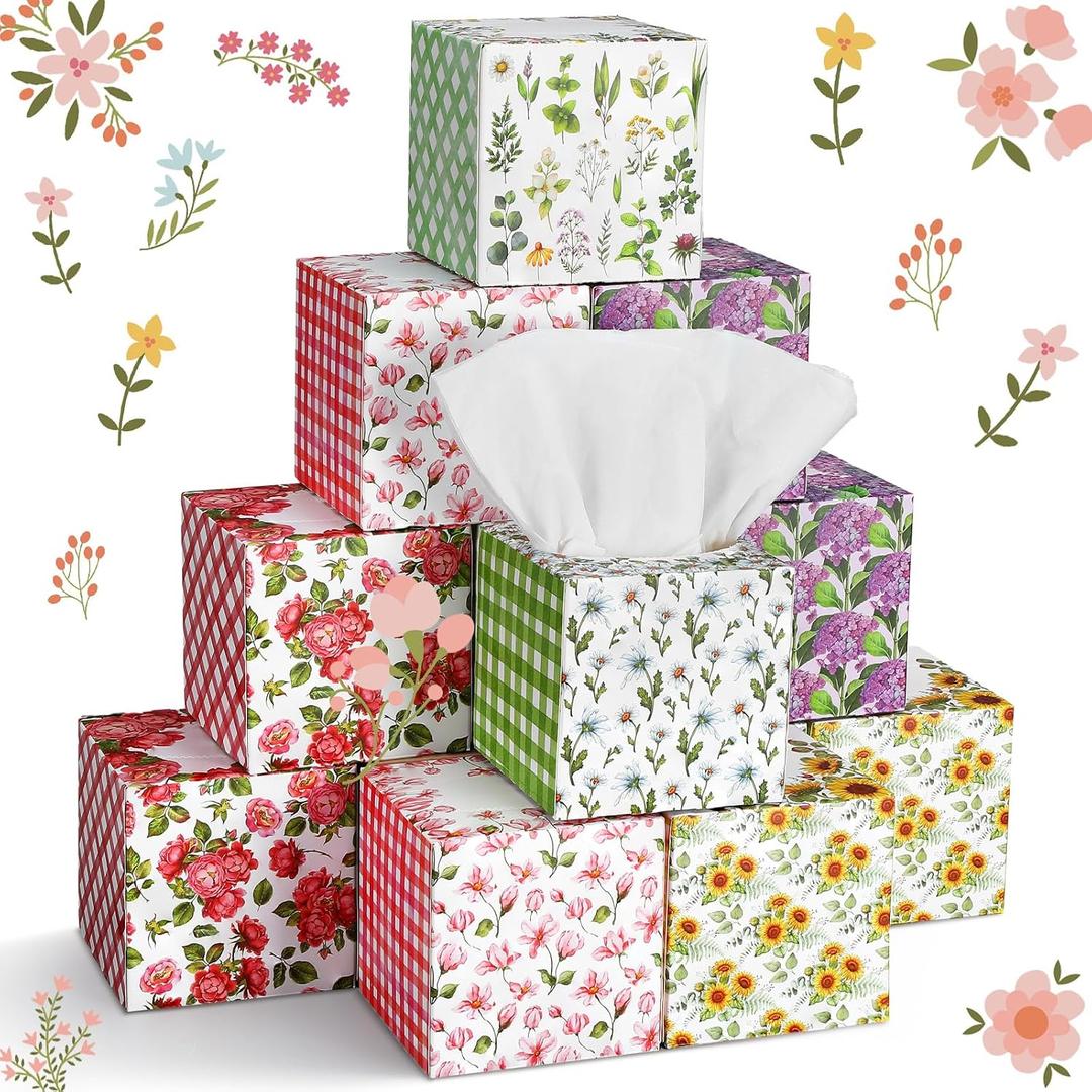 Fourluoo 10 Pack Flower Facial Tissues Cube Face Boxes 600 Sheets 3 Ply