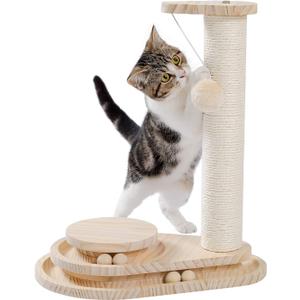 Made4Pets Cat Scratching Post Cat Scratcher Kitten Toys for Indoor Cats Wooden Ball Track Two-Layer Modern Sisal 17.7" Tall Scratch Post Interactive Toy with Dangling Ball (17.7"H)
