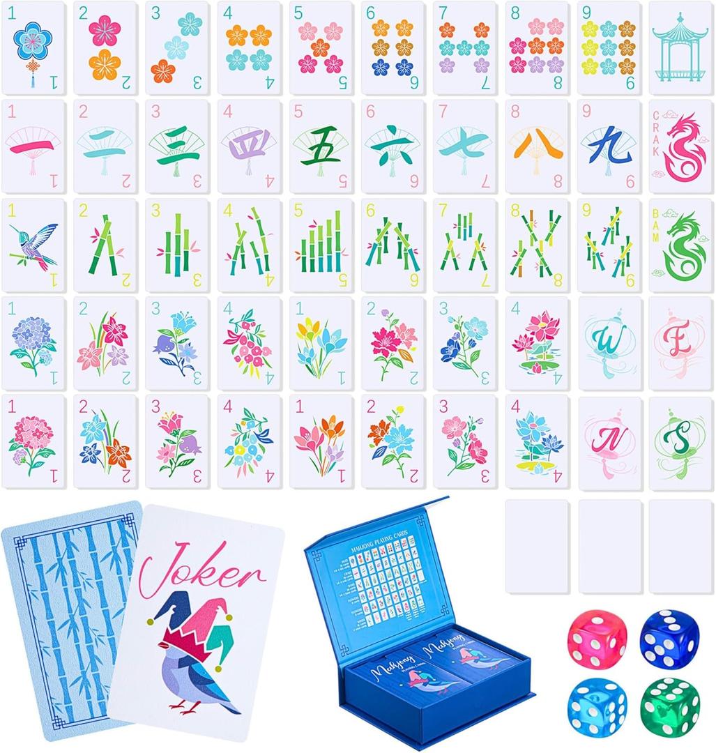 Soulchen 168 Pcs Mahjong Playing Cards American Style Blossom Numbered Large Print PVC Poker Mahjong Tiles with 4 Dices 2 Storage Box for Travel Home, Portable Gift(Floral,Blue)
