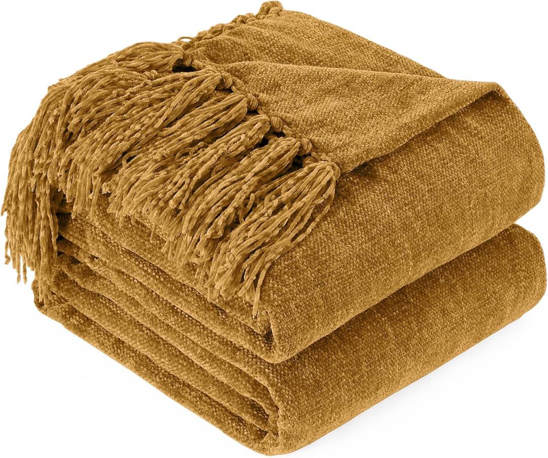 Chenille Throw Blanket for Couch with Tassels,50"X60" Soft Cozy Lightweight Knitted Boho Decorative Blankets for Bed and Sofa,Yellow