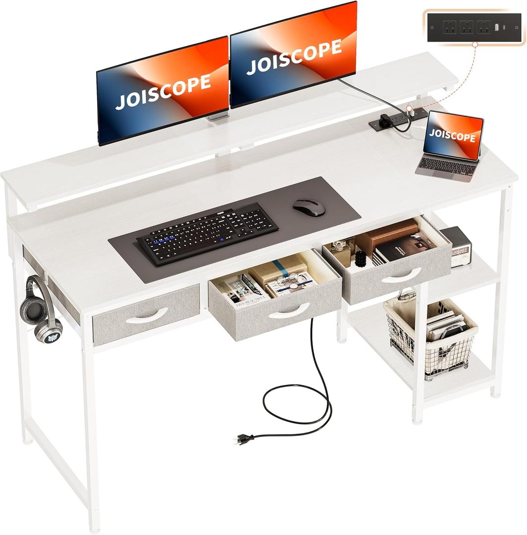 JOISCOPE Home Office Desk with Power Outlets (3AC, USB, Type-C), 55  20 Inch Computer Desk with 3 Drawers & Shelves, Laptop Table with Display Riser, Gaming Study Drafting Table for Bedroom, White