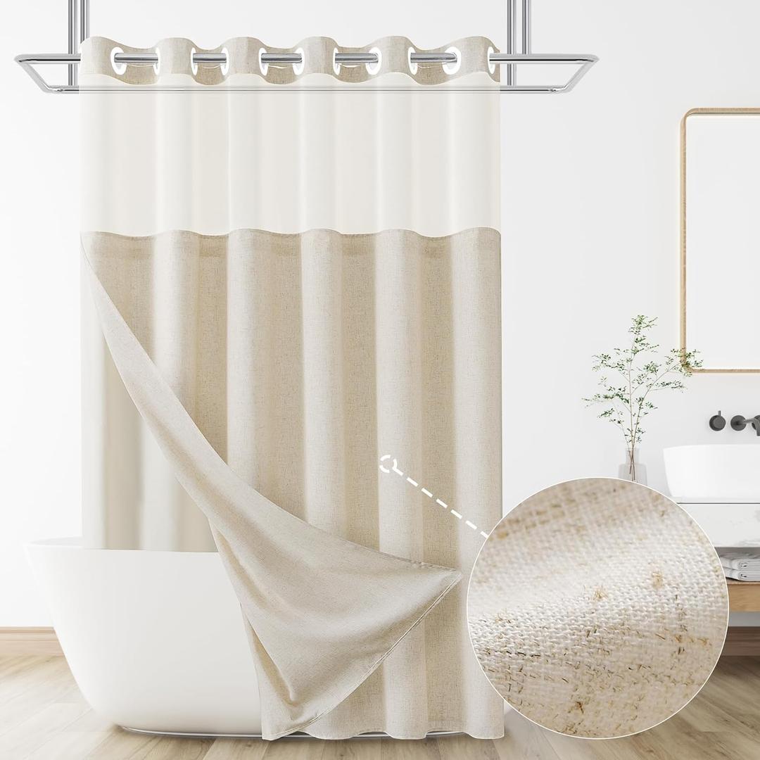 No Hooks Linen Textured Shower Curtain with Snap-in Fabric Liner Set,Beige Hotel Luxury Decor Shower Curtains for Bathroom with See Through Top Window,Water Resistant Fabric,72Wx75W,Cream