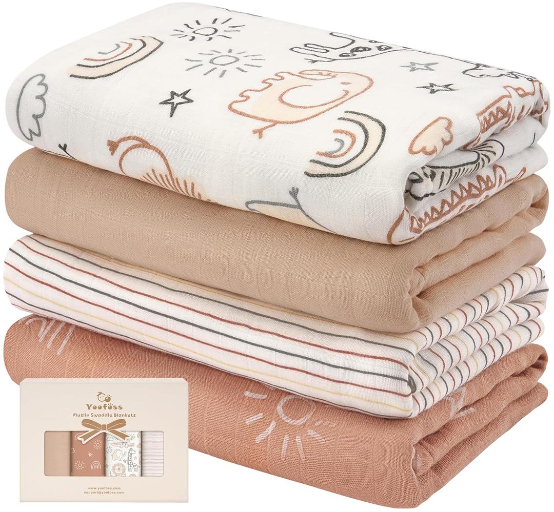 Yoofoss Muslin Swaddle Blankets, Organic Baby Blankets, 47 x 47 Inches Receiving Blanket for Baby Boys and Girls, Baby Essentials for Newborns Soft Breathable (Brown Animals)