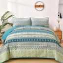 WONGS BEDDING Boho Quilt Set King Size Aqua, 3 Pieces Striped Bedspread Coverlet Set, Bohemian Soft Lightweight Microfiber for All Season(104"90")